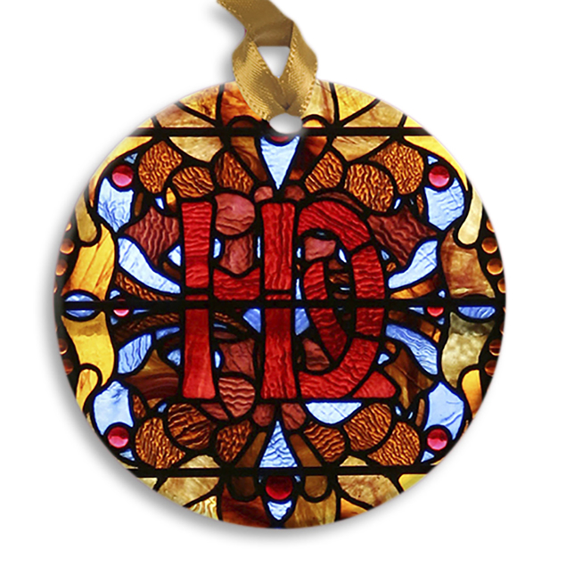 Villa Louis Ornament - Front Round holiday ornament with a stained glass window design from Villa Louis historic site. Red, blue, orange.