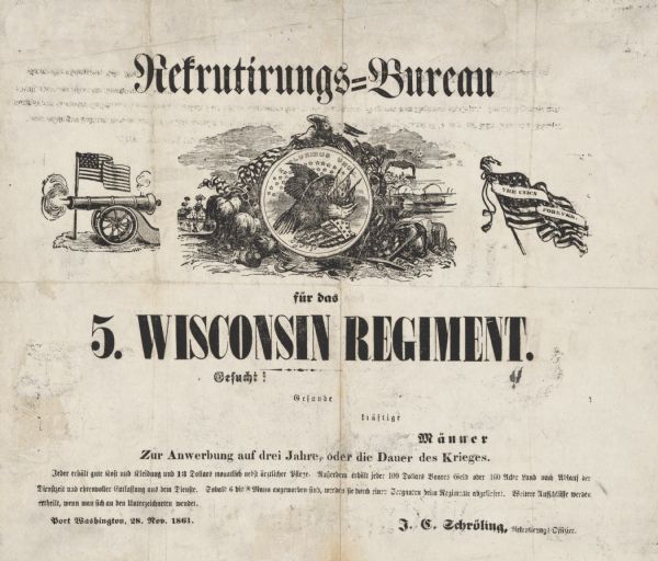 Recruitment Poster in German: Civil War recruiting poster for the 5th Wisconsin Regiment written in German. Civil War recruiting poster for the 5th Wisconsin Regiment written in German.