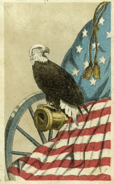 Old Abe Collector Card Old Abe, eagle mascot of the 8th Wisconsin Regiment. Popular cards sold in great quantities as benefit items ($9 per 100), so great was this bird's fame. Old Abe is perched on a cannon with an American flag on his right side. Lithograph by L. Lipman, Milwaukee, Wisconsin, after a photograph by Curtiss "sold for the benefit of the Permanent Soldiers' Home at Milwaukee" by Mrs. H.C. Crocker.
