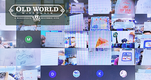 Old World Wisconsin. A Screenshot of many students holding up their paper drawings of their family's immigrant story.